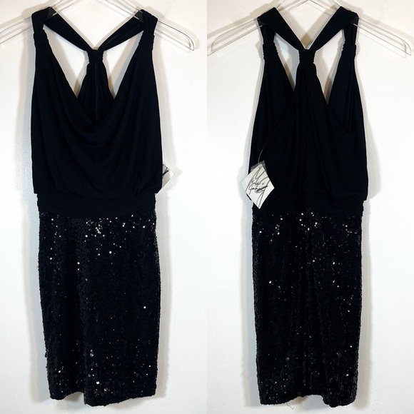 NWT Mark & James Badgley Mischka BLACK Sleeveless Cowl Neck Sequin Dress Size 2 - Picture 1 of 11